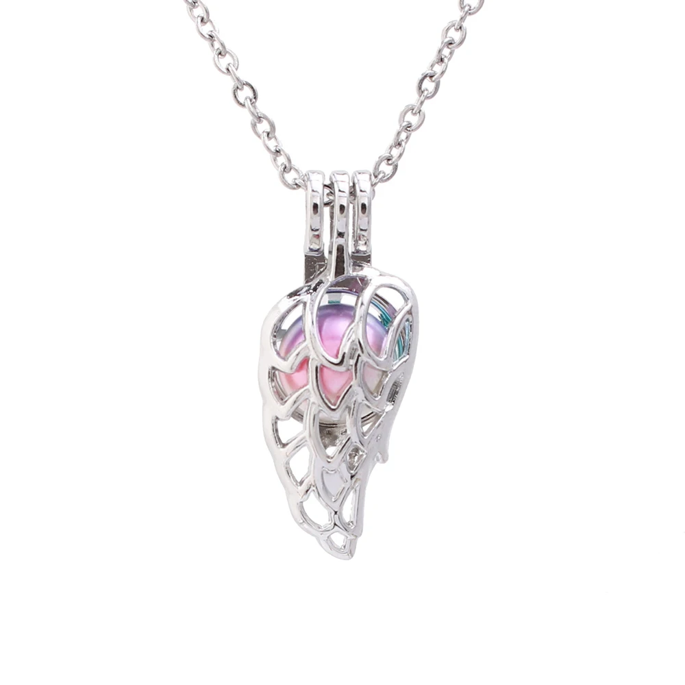 

1pc Silver Plated Cute Wing Oyster Pearl Cage Lockets Necklace with 20'' Stainless Steel Chain for Essential Oil Diffuser