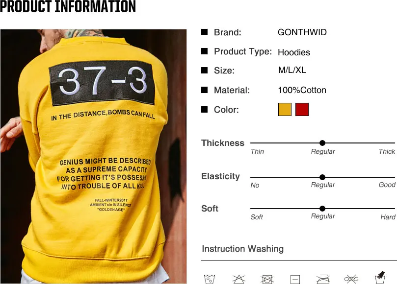 GONTHWID толстовки с вышивкой мужские осень зима с принтом букв флисовые толстовки хип хоп Swag пуловер с капюшоном красный желтый