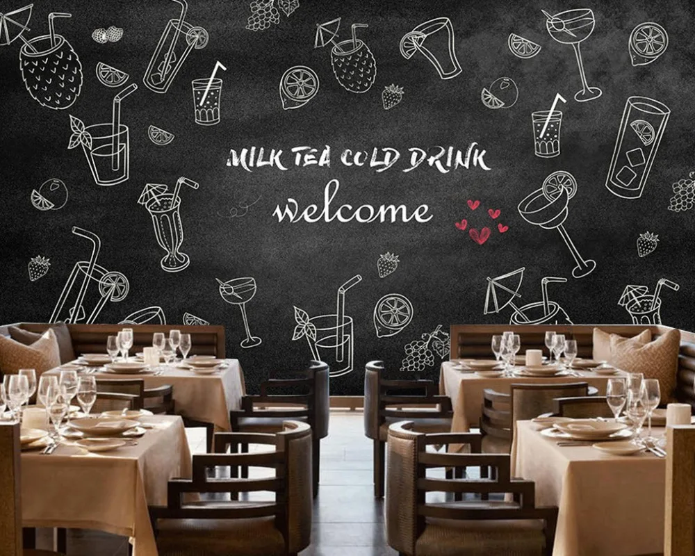 

Free Shipping Black Hand-Painted Cold Drink Tea Shop Background Wall Simple Restaurant Custom 3D Decoration Wallpaper Cafe Mural