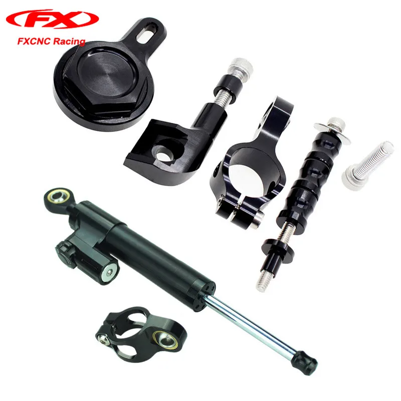 FXCNC Motorcycle Steering Stabilizer Damper with Mounting Brackets For