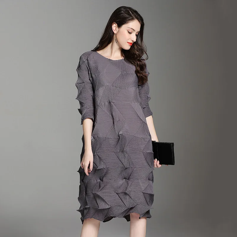 DEAT Новое модное женское элегантное платье с О-образным вырезом, асимметричное плиссированное платье с коротким рукавом размера плюс, женское платье Longue YF496 - Цвет: gray
