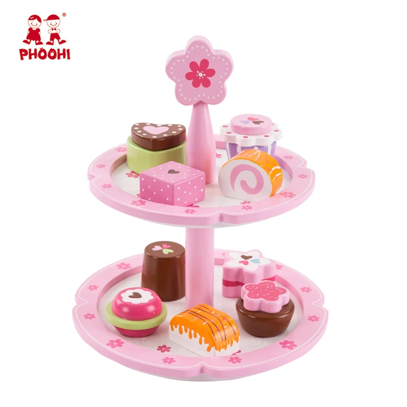 

Wooden Cake Stand Toy Children Pretend Kitchen Play Toy Kids Simulation Food With 9 Cakes PHOOHI