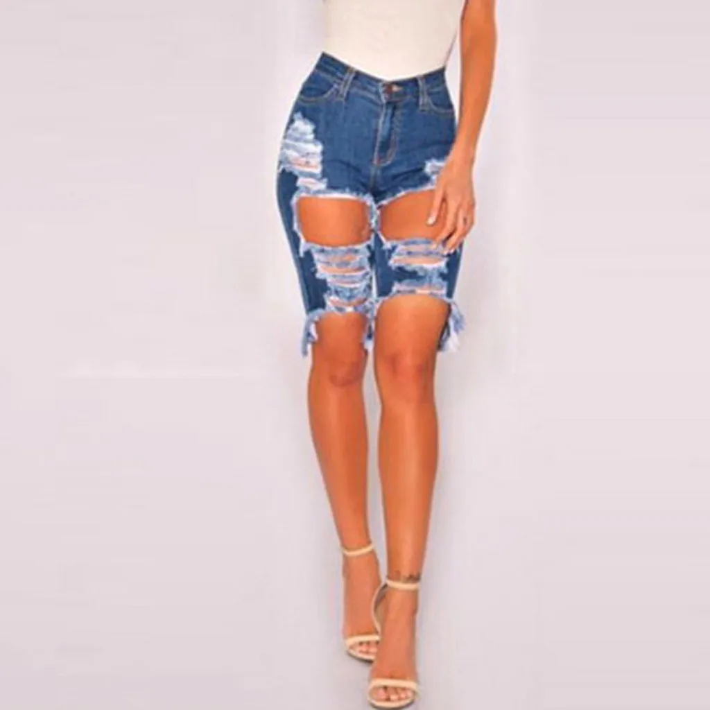

Women Sexy Hole Leggings Pants Elastic Denim Ripped Blue Camouflage Jeans Skinny Pants Famale 7.5