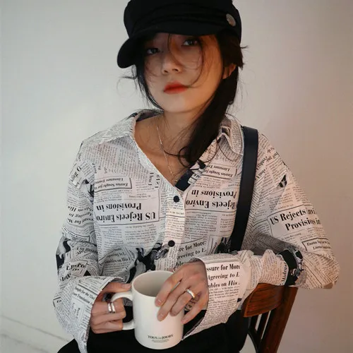 Womens Tops and Blouses 2018 Autumn Brand Design Newspaper Printed Long Sleeve Shirts Korean Fashion Clothing top femme T293 Blouses