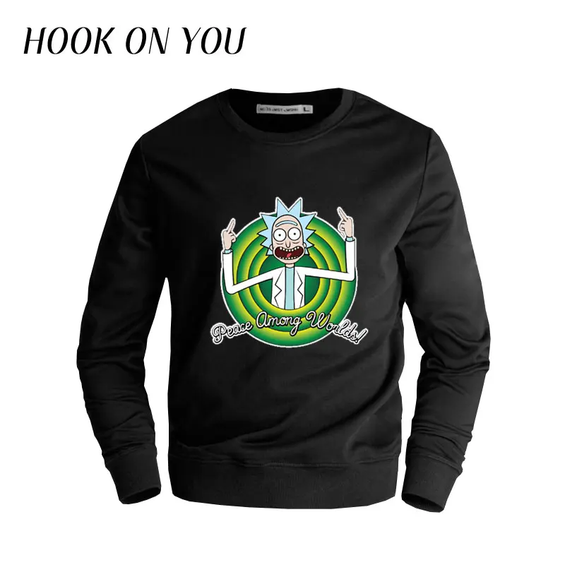 

2017 Fashion Anime Cool Rick Morty Printed Men Black O-Neck Hoodie Peace Among Worlds Outerwear Casual Sweatshirt Funny Clothing
