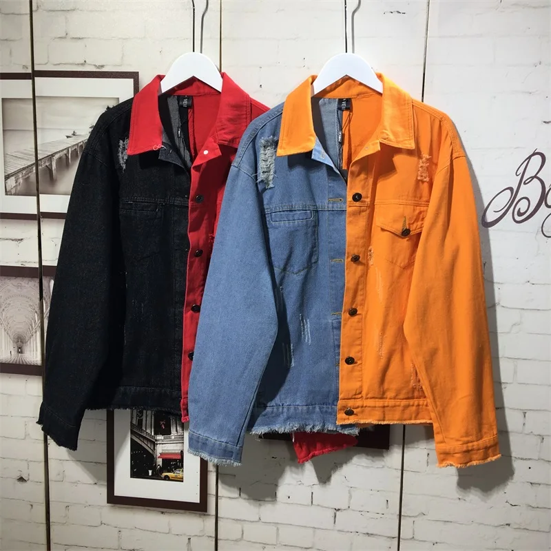 Осенняя мужская джинсовая куртка, пальто, уличная оранжевая синяя Лоскутная Верхняя одежда, потертая рваные свободные мужские ковбойские куртки
