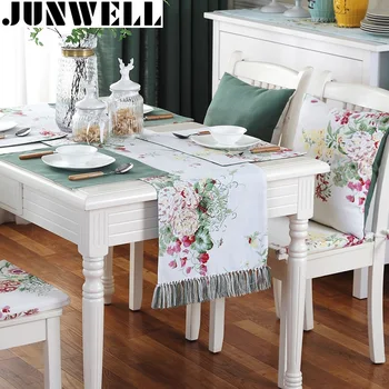

Junwell Fashion Polyester Printing Table Runner Colorful With Hand-made Tassel Runner Table Cloth With Tassels Table Runner