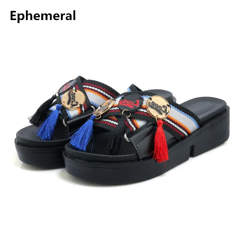 

Feminine Cloth Slippers with Platform Fringe Plus size 44 43 34 Patchwork Slides Flats Summer Shoes Outdoor Footwear Black White