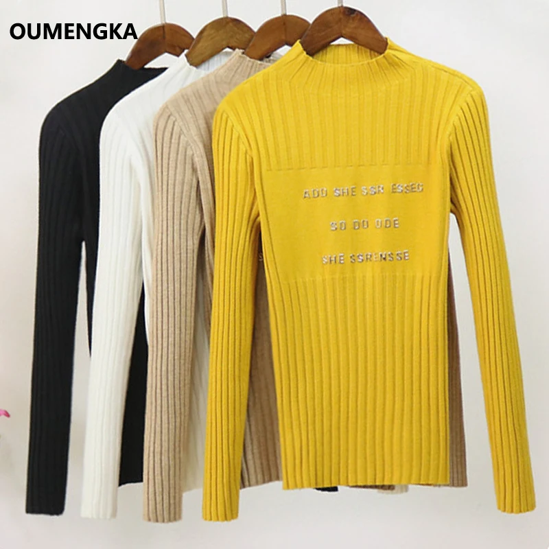 

New-coming Spring Turtleneck Pullovers Sweaters Primer Shirt Long Sleeve Short Korean Slim-fit tight letters print sweater