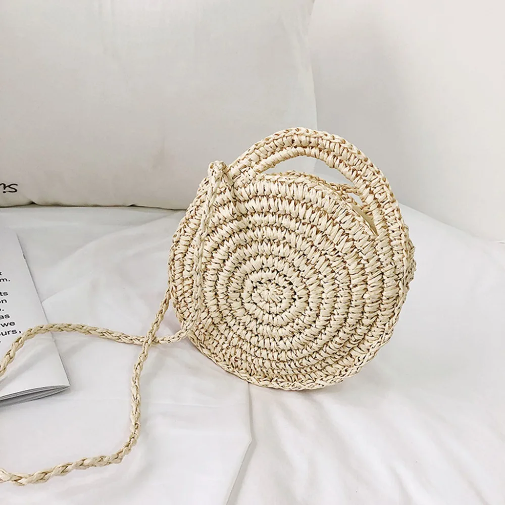 

Handmade Rattan Weave Round Beach Bag Straw Knit Lady's Handbag Woman Shoulder Messenger Bag Brown White Tote
