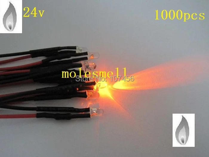 

Free shipping 1000pcs 3mm orange Flicker 24V Pre-Wired Water Clear LED Leds Candle orange Light 20CM