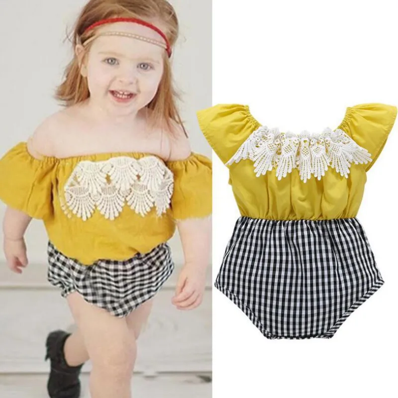 

Fashion Summer Baby Girl Solid Romper Lace Patchwork Plaid Off Shoulder Jumpsuit Outfit Cute Girl Clothing New Arrival