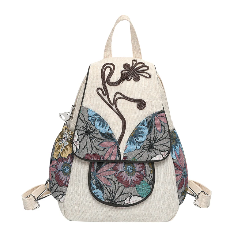 Льняной женский рюкзак на каждый день с вышивкой, винтажная художественная сумка на плечи, Ретро стиль, женский холщовый рюкзак средней длины, дорожная сумка - Цвет: Бежевый