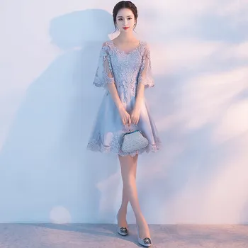 

2019 New Mid-length Sleeve Lace High Waist Elegant Slim Banquet A-line Floral Evening Dress