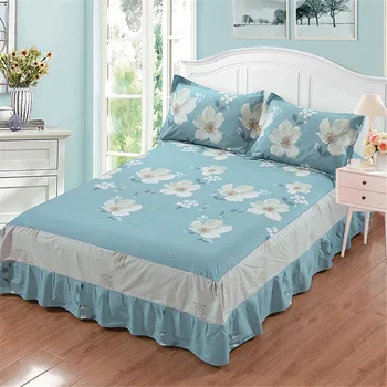 

New fashion Princess style Bed skirt 100% cotton pillowcase Printed Light white green Flower textiles twin full queen King size