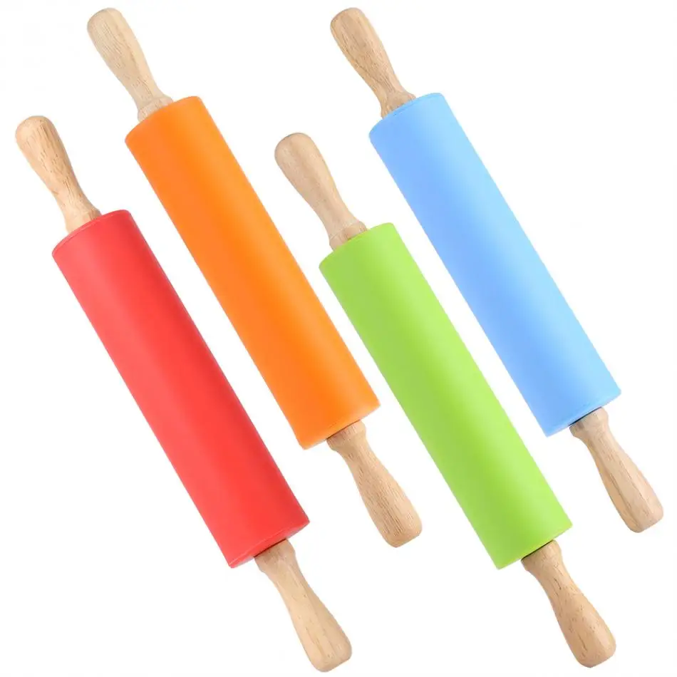 

Non-Stick Silicone Rolling Pin With Wooden Handle Pastry Flour Cake Dough Patterned Roller Bakeware Kitchen Pastry Boards Tool