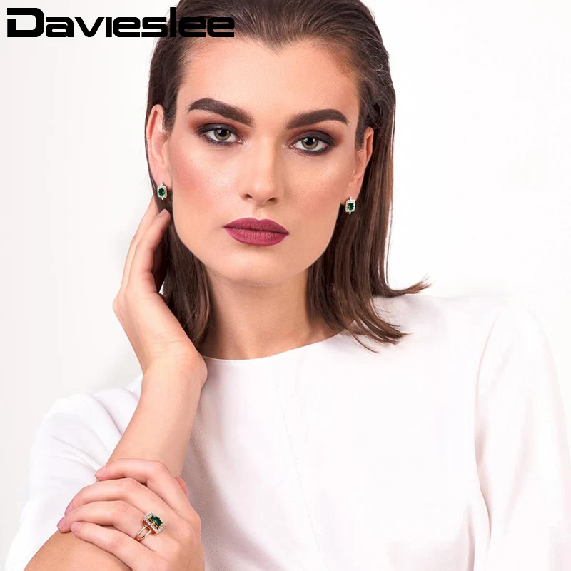 Davieslee серьги-гвоздики кольцо для женщин 585 розовое золото Заполненные ювелирные наборы квадратный зеленый камень проложили прозрачный кубический цирконий CZ GE141