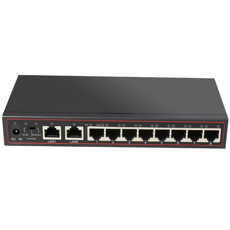 

10 Ports 8 PoE Switch Injector 48V Power Over Ethernet Network Switch 802.3 af/at for IP camera/Wireless AP/CCTV Camera System