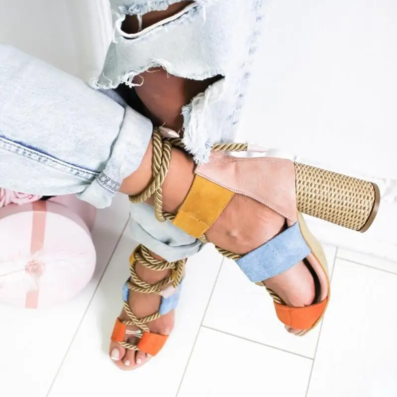 2019 summer explosions color matching personality with thick heel high heel ladies sandals