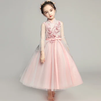

Chinese Style Princess Dresses Lace Sleeve Pink Flower Girl Prom Dress Cute Children Bow Beads Communion Ball Evening Clothing