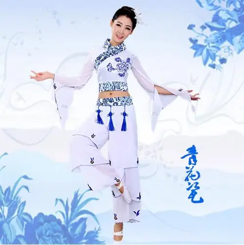 (0105) blue and white porcelain costumes classical dance fan yangko dance costume guzheng flute performance national costume