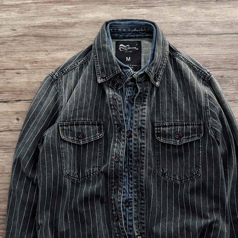 Мужская весенняя и осенняя Модная брендовая винтажная джинсовая рубашка в японском стиле с полосками и длинными рукавами, мужская повседневная плотная окрашенная рубашка
