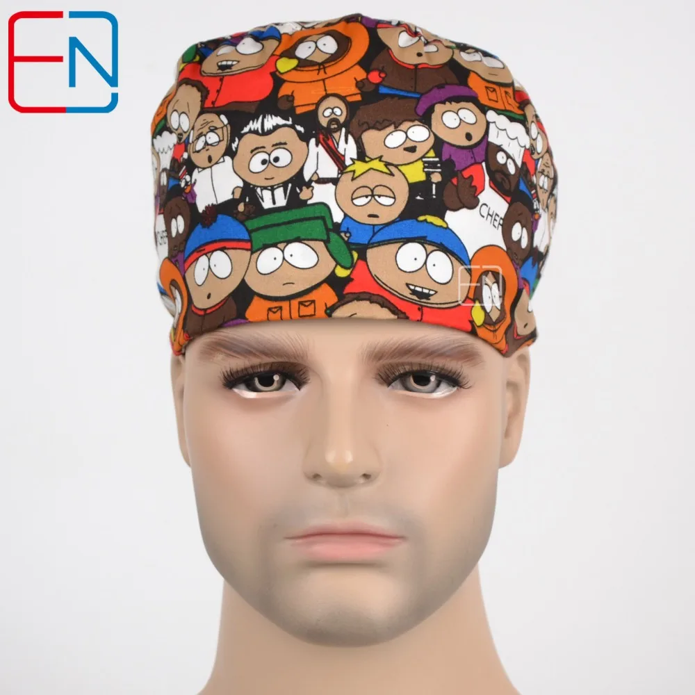New Cotton Scrub Caps Mask Men Hospital Medical Hats Cartoon Print Tieback Adjustable Cotton Men’s Section Surgical Caps Masks
