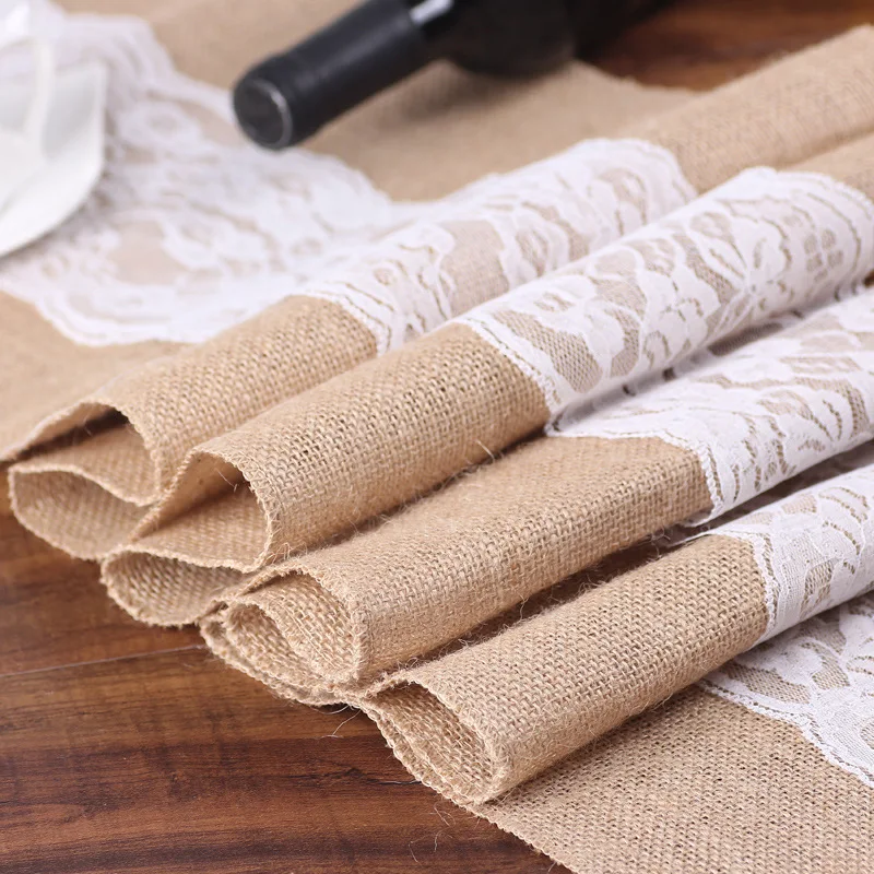 

Vintage Burlap Lace Table Runner Natural Jute Country Party Banquet Wedding Party Decoration Supply Home Textile