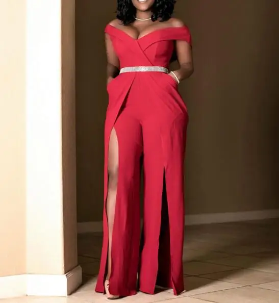 

Summer Elastic Waist Rompers Party Overalls For Women Sexy Deep V Neck Straight Jumpsuit Red Cross Back Long Playsuit