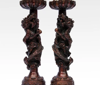 

15'' China Red Bronze Feng Shui A pair Double Dragon Candlestick Statue