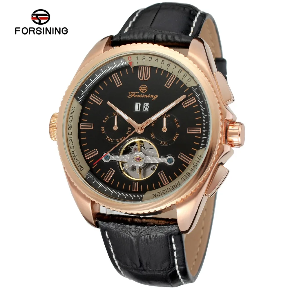 

FORSINING Brand Mens Genuine Leather Band Tourbillon Automatic Mechanical Watch Complete Calendar Wristwatch Relogio Releges