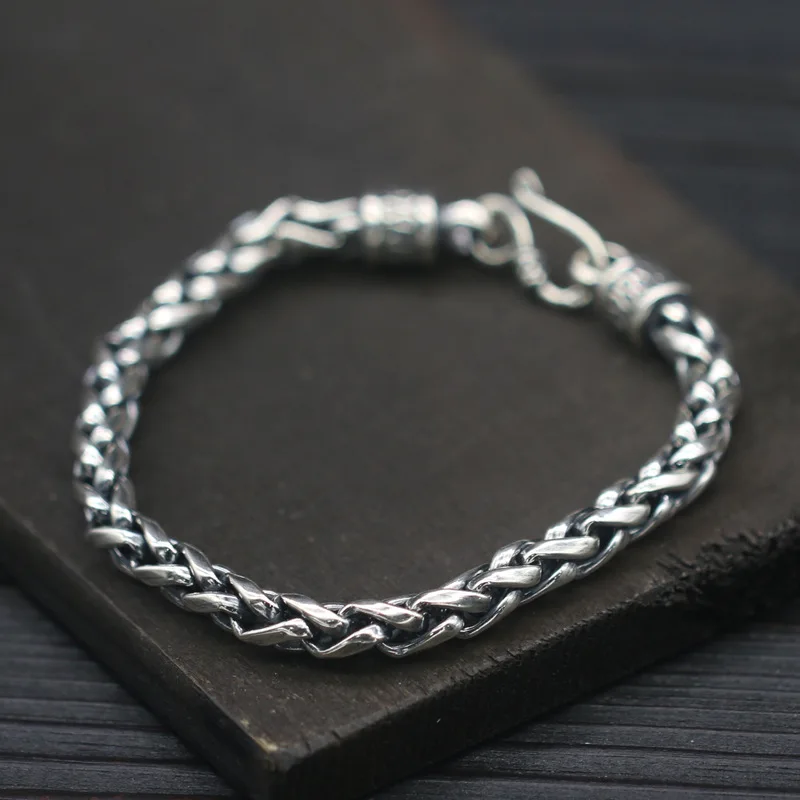 S925 Sterling Silver Single Strand Simple Hemp Rope Bracelet 5mm Personality Tide Men's Handmade Thai Silver Fashion Style S925 Sterling Silver Single Strand Simple Hemp Rope Bracelet 5mm Personality Tide Men's Handmade Thai Silver Fashion Style