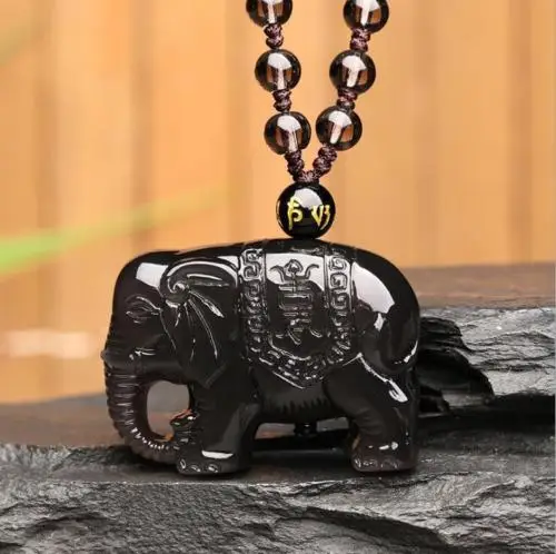 Koraba Fine Jewelry Natural Color Obsidian Hand Carved Lucky Elephant Pendant +Bead Necklace Free Shipping | Украшения и