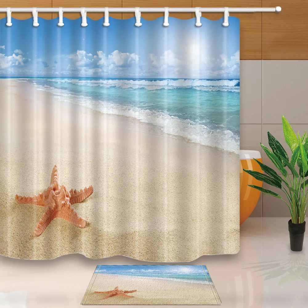 Закат на море занавески для душа Морская звезда Дрифтинг и бутылка на пляже Ванная Комната Занавески водонепроницаемый плесени доказательство с 12 крючками