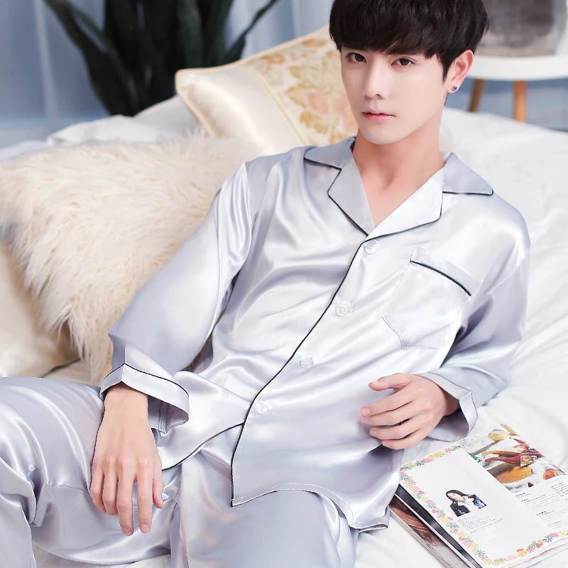 2019 Men Pajama Sets Long Sleeve Autumn Silk Sleepwear For Men Suit Pijama Man Summer Two-Piece Pyjama