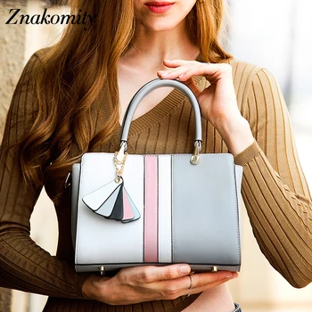 

Znakomity Women Fashion Split Leather Handbags Panelled Stripe Shoulder Bag Ladies Small Color Pendant Messenger Bags Women 2019