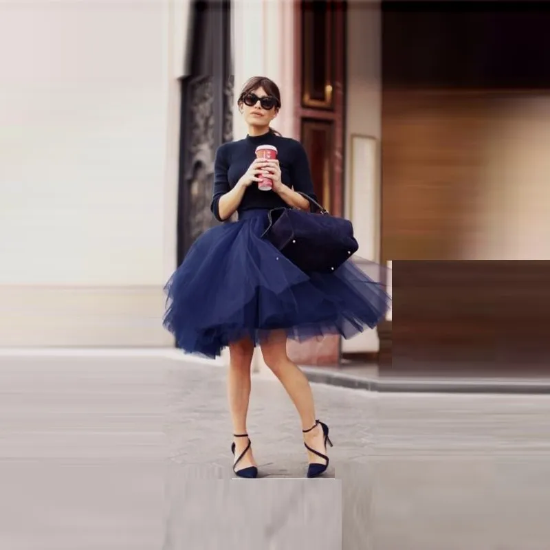 Dark-Blue-Puffy-Tutu-Skirts-Womens-2016-New-Arrival-Knee-Length-A-Line-Tulle-Skirt