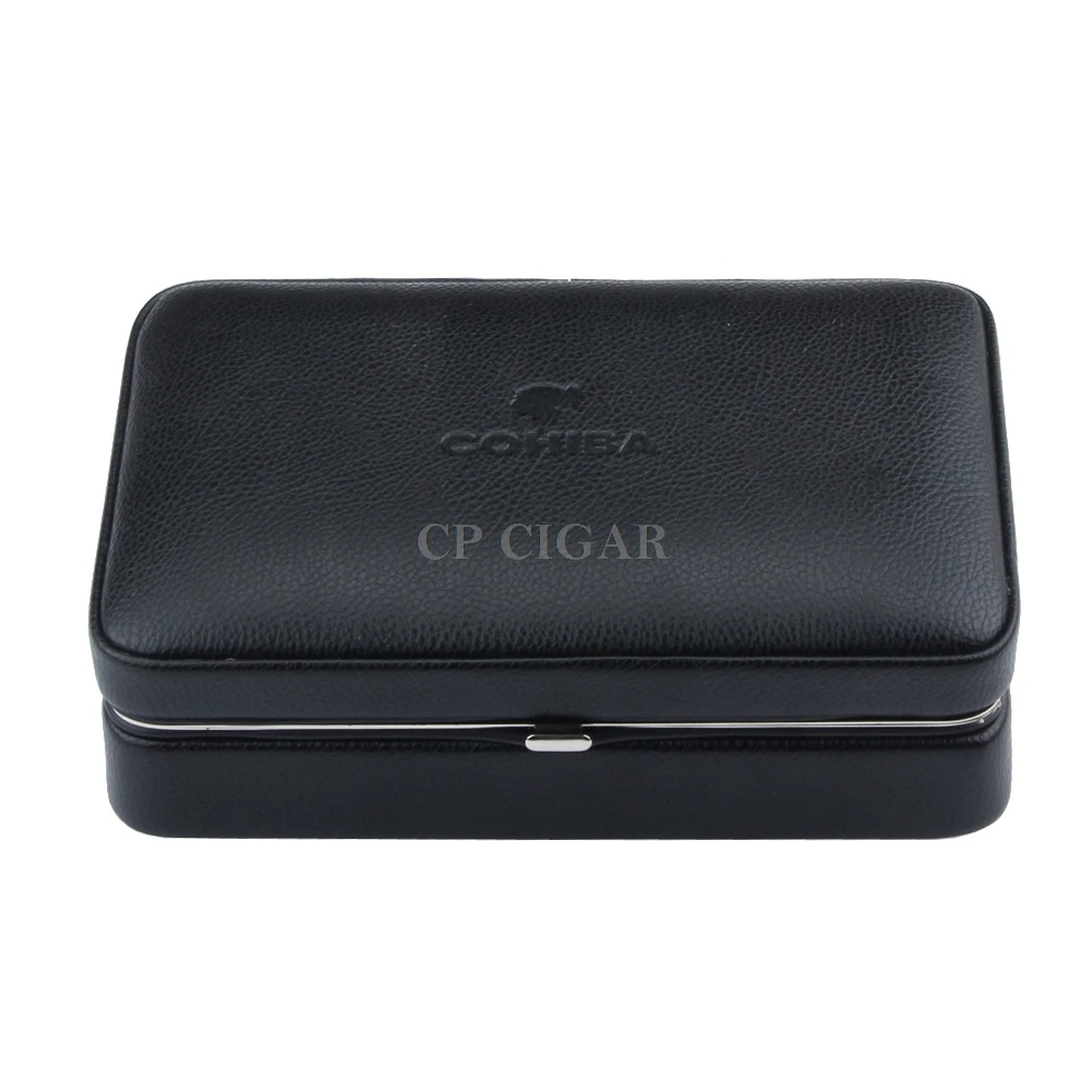 COHIBA 4CT Black Portable Cedar Wooden Leather Travel Cigar Humidor