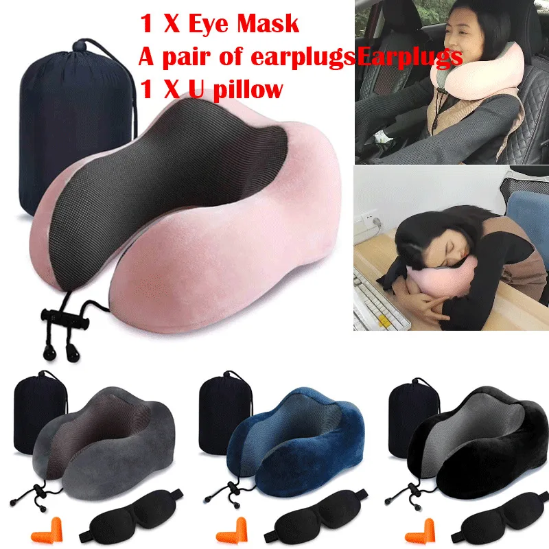 

U-shape Sleeping Pillow Memory Foam Travel Neck Pillow Car Flight Headrest Pad Pillow Set with earplugs + eye mask + storage bag