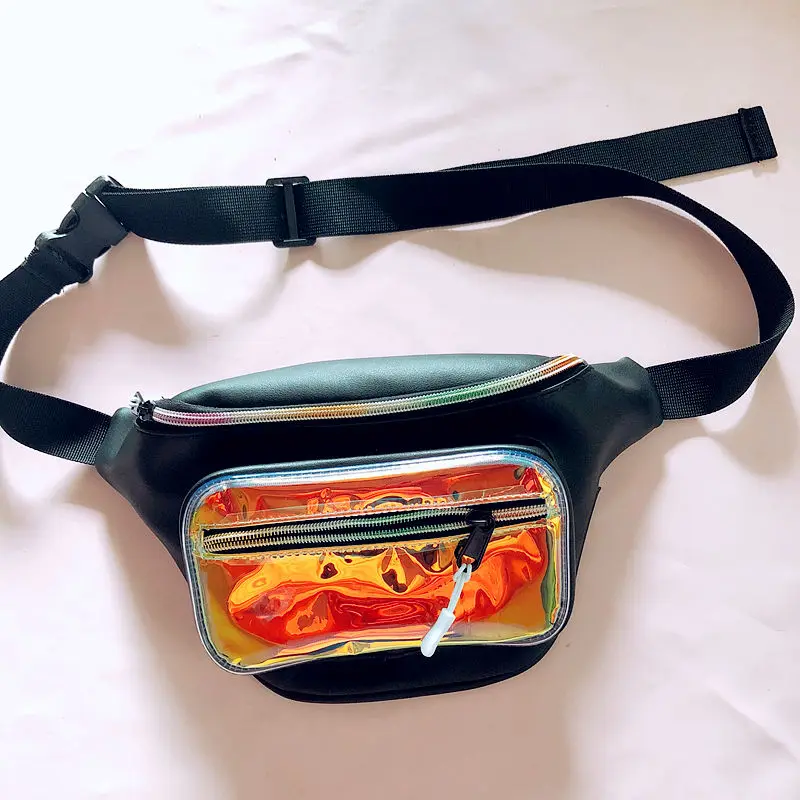 Голографическая поясная сумка Женская Лазерная поясная сумка PU Бум сумка Голограмма Хип сумка для фестиваля Путешествия Пляж дизайн - Цвет: Black