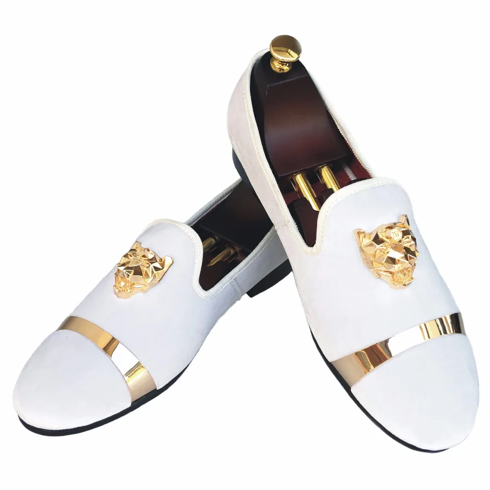 New Handmade Men Velvet Loafers Shoes White Slippers with Gold Buckle ...