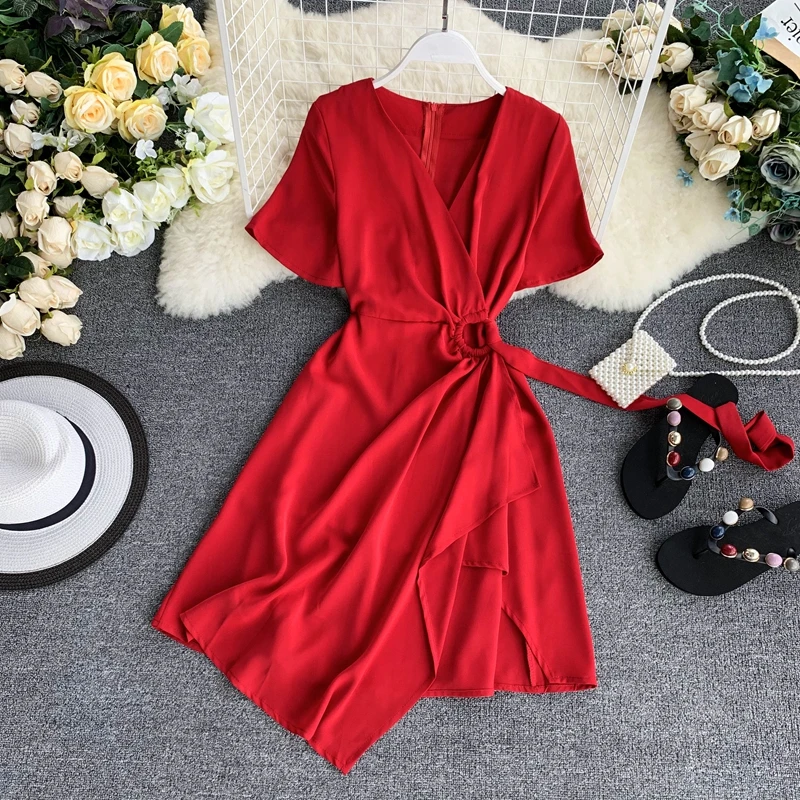 النساء لون نقي V طوق قصيرة الأكمام غير النظامية شوكة 2019 فستان كاجوال أنيقة Vestidos F808