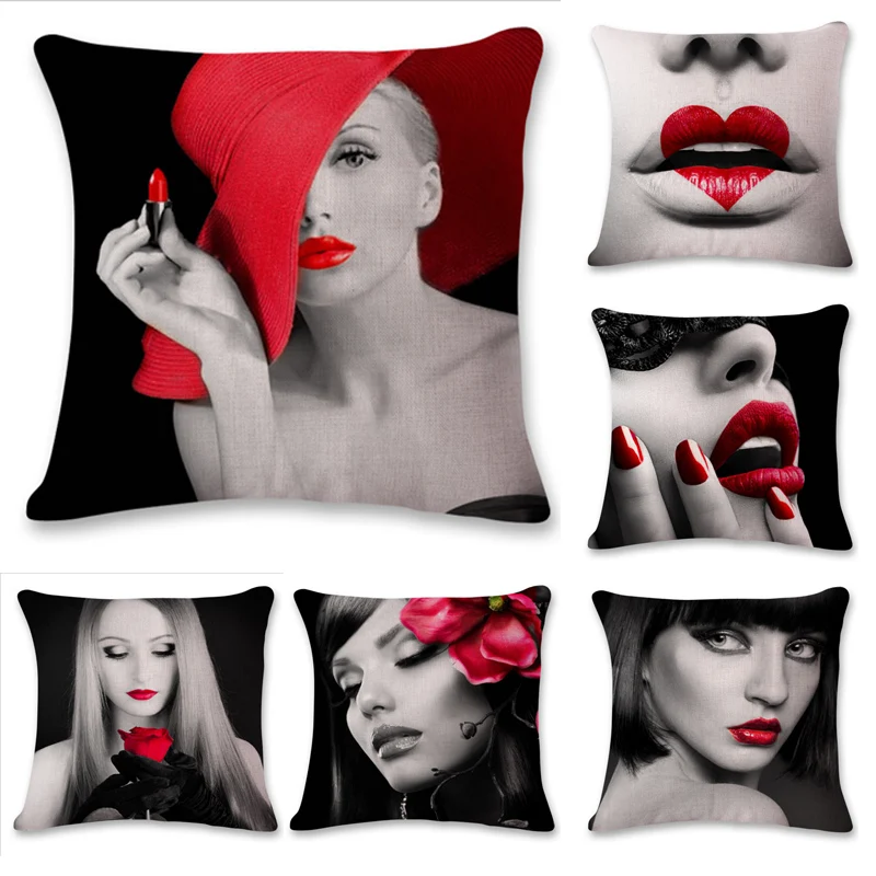 

45cm*45cm Black - and - white woman linen cotton pillow case sofa cushion cover square decorative pillow cover