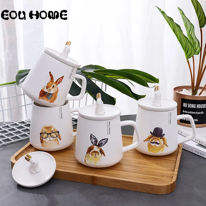 Best Cartoon Gold Rabbit Ceramic Mug Creative Big Belly Water Cup Office Mug with Lid Spoon Childrens Breakfast Milk Juice Cup Gifts