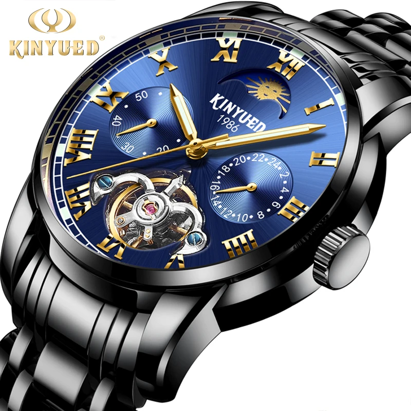 

KINYUED Men&#39s Mechanical Watch Top Brand Luxury Black Bracelet Business Watch Luminous Display Blue Dial Tourbillion Design