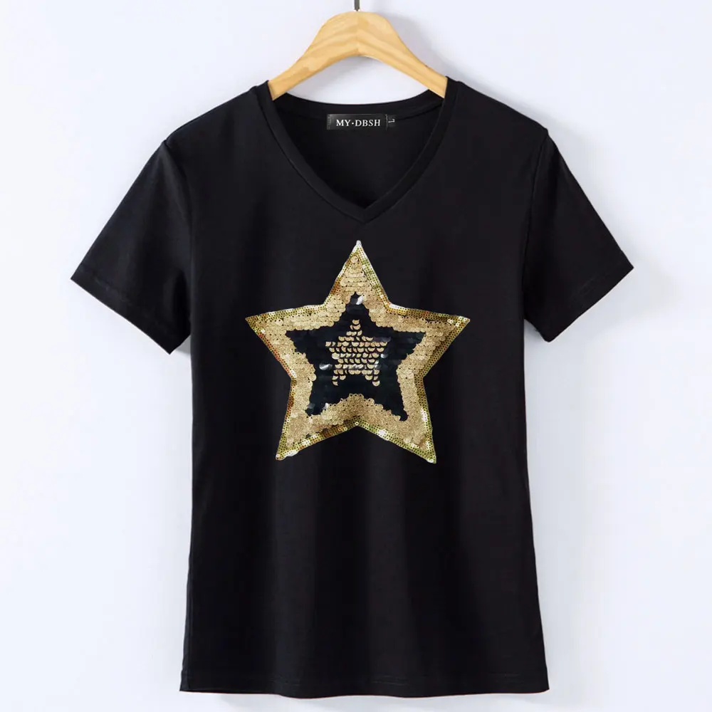 Большие размеры, модные блестящие звезды блестки, футболка с коротким рукавом для женщин, летние свободные повседневные блестящие футболки, топы - Цвет: V-Black