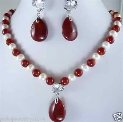 

Jewelry White Pearl & Red Jade crystal pendants Necklace Earring Set AAA style 100% Natural jade Noble Fine jewe