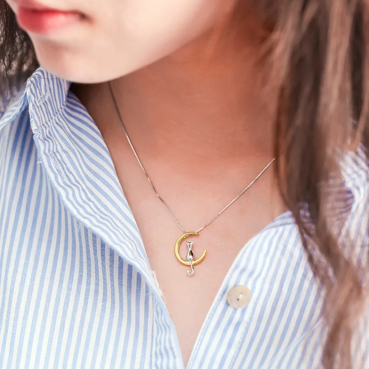

RYOUCUTE Fashion 925 Sterling Silver Jewelry Long Chain Korean Cat Moon Necklaces For Women Wedding Kolye Collares Bijoux