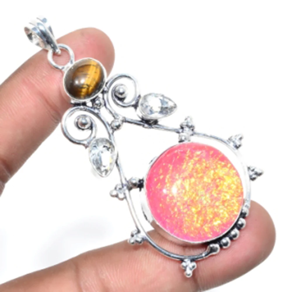 

Dichroic Glass,Tiger Eye,White Topas Pendant Silver Overlay over Copper, USA Size 74 mm , P5762