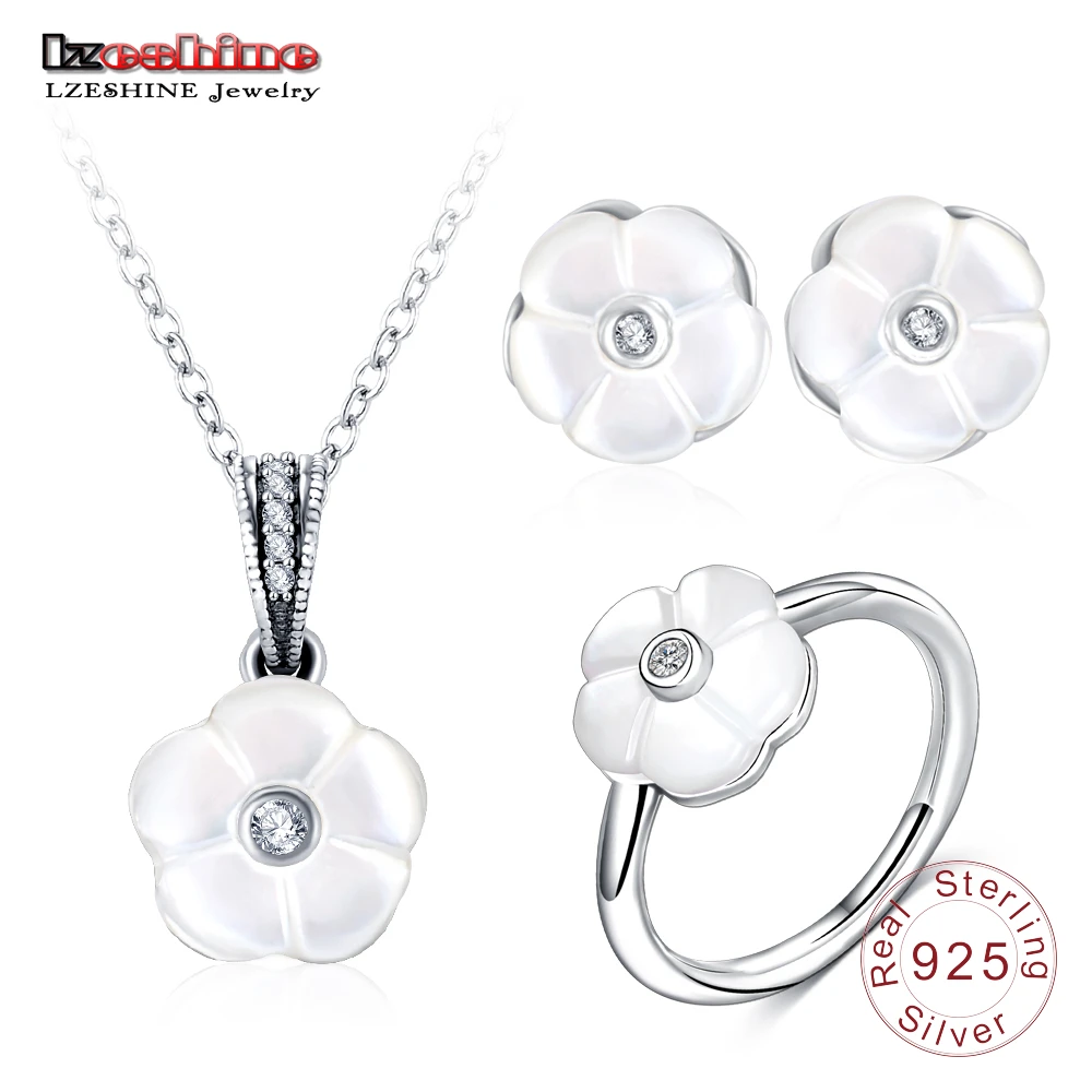 

LZESHINE New 925 Sterling Silver Flower Pendant/Earrings/Ring 3pc Jewelry Set For Women Christmas Gift Silver Jewelry PSST0014